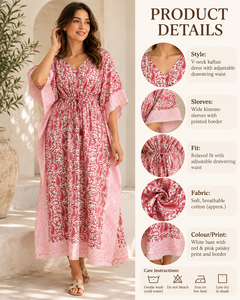 Red White Boho Kaftan <b>Dress</b> for Women Floral Print <b>Maxi</b> with Waist Tie 100% Cotton Breathable Elegant Beachwear - Product Image 4