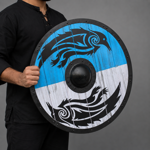 Escudo de exhibición artesanal de acero de alto carbono, redondo, con boss central, estilo historiográfico antiguo, de Uttarakhand, marca Dark Hammer Art - Product Image 1
