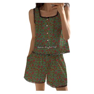 Nuevo Conjunto de Pijama de Algodón Indio con Estampado a Mano y Ribete de Encaje, Conjunto de Pijama sin Mangas con Estampado Floral para Primavera/Verano - Product Image 1