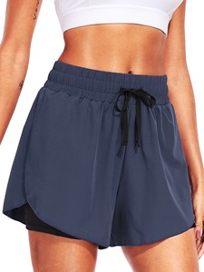 Shorts en tricot bleu marine pour femmes, taille haute, cordon élastique, sportif, séchage rapide, coupe régulière, couleur unie - Product Image 3
