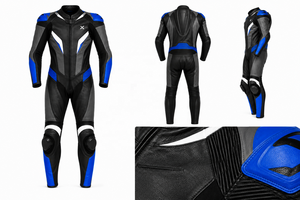 Combinaison de moto en cuir une pièce moderne pour la course |   Noir Bleu Blanc |   Fabricant OEM ODM |   Qualité de conception haut de gamme |   Vêtements de course - Product Image 6