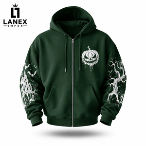 Servicio de Fabricación Personalizada de Sudaderas con Cremallera para Halloween, Chaqueta de Forro Polar Suave con Cremallera Completa y Estampado Gráfico de Bruja, Murciélago y Calabaza - Product Image 1