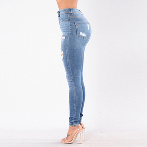Jean Capri en Denim Déchiré Taille Haute pour Femme, Coupe Skinny, Effet Usé, Longueur Genou, Style Décontracté d'Été, Bleu, en Coton et Élasthanne - Product Image 2