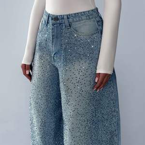 กางเกงยีนส์ทรงหลวมคุณภาพสูงขายส่ง กางเกงยีนส์เอวสูงประดับเพชรสำหรับผู้หญิง กางเกงยีนส์ขากว้างประดับเพชร OEM 2025 - Product Image 3