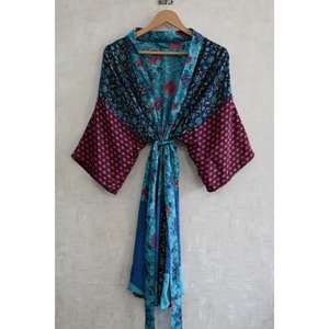 Kimono largo de seda con patchwork, estilo bohemio, para novias, hecho a mano, estampado, talla grande, transpirable, para otoño, para mujer. - Product Image 2