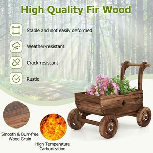 Fioriera Decorativa in Legno a Forma di Carro con Manico, Ruote e Foro di Drenaggio - Product Image 6