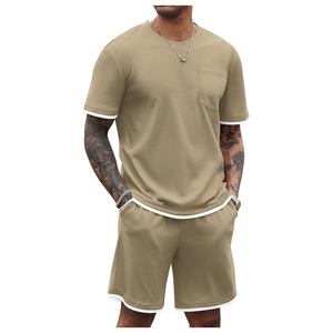 Conjunto de Camiseta y Pantalones Cortos de Punto Waffle de Color Sólido para Hombre, Cuello Redondo, Ropa Casual de Verano, Algodón Transpirable 2026 - Product Image 1