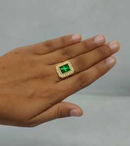 Luxury Emerald Green Crystal Cocktail <b>Ring</b> <b>Gold</b> Plated Emerald Cut Gemstone Statement <b>Ring</b> <b>Vintage</b> Cubic Zirconia Halo <b>Ring</b> - Product Image 3