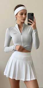 ONETEN APPARELS Women Long Sleeve Zip-Up Crop <b>Top</b> High Waist Pleated Mini <b>Skirt</b> Sporty Fitted Solid <b>White</b> Casual Dress - Product Image 1