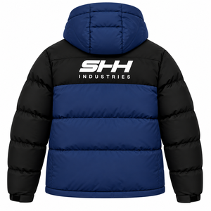 Men's <b>Navy</b> Blue Black Hooded Puffer <b>Jacket</b> Color Block <b>Padded</b> Winter Coat with Zip Pockets Custom OEM Wholesale Outerwear - Product Image 2