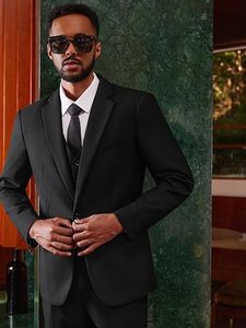Traje de esmoquin negro de 3 piezas para hombre, con chaleco y pantalón, corte ajustado, antiarrugas, estilo británico, ideal para negocios y bodas. - Product Image 5