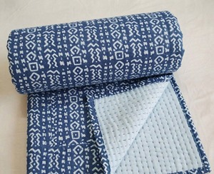 Handmade Organic Cotton Kantha Quilt Indian Adult Blanket with Geometrical Block Print Home & Hotel Use - Product Image 2
