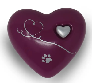 Urne commémorative pour cendres en forme de cœur violet avec pattes argentées et mini-cœur, en laiton/aluminium pour cendres funéraires - Product Image 2