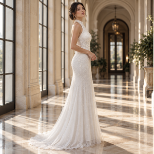 Elegante Vestido de Noche de Novia con Cuello Halter, Bordado Floral de Perlas, Ajustado y con Cola Graciosa |   Ropa de Fiesta Formal de Lujo para Bodas - Product Image 3