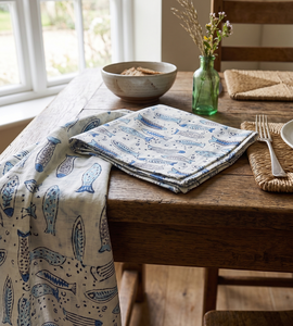 Servilleta de Algodón con Estampado de Peces Azules al por Mayor, Lino de Mesa Costero, Servilleta de Cena con Estampado a Mano, Servilleta de Tela Náutica, Tema Oceánico - Product Image 2