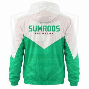 Veste coupe-vent à capuche pour homme Sumroos Industry, couleur verte et blanche, style sportif, fermeture éclair sur le devant, logo, coupe classique, vêtement d'automne - Product Image 2