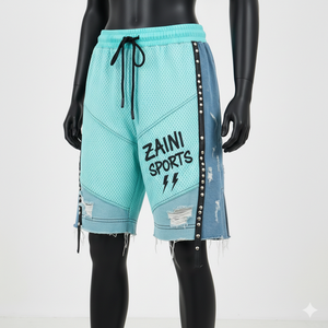 กางเกงขาสั้นผู้หญิงพรีเมียม 180 GSM ผ้าโพลีเมชระบายอากาศสีเขียวอมฟ้า แต่งแถบข้างด้วยผ้าเดนิม พร้อมโลโก้แบบรีดร้อนตามสั่ง - Product Image 4