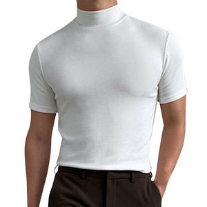 T-shirt à col roulé blanc pour homme, manches courtes, coupe ajustée, tricot uni, décontracté, basique - Product Image 1