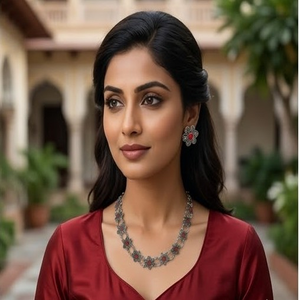 DIVYORO RED FLORAL OXIDIZED <b>SILVER</b> <b>CHOKER</b> SET Women's Wedding Adjustable Length Classic Style - Product Image 4