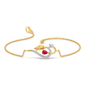 Floral Swirl Diamond <b>Bracelet</b> with Yellow Gold Chain and <b>Red</b> Stone Center Accent Design - Product Image 1