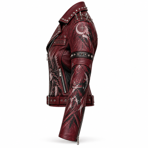 Blouson de motard en cuir véritable bordeaux pour femme, avec imprimé graphique personnalisé corbeau, ourlet ceinturé et clouté, fournisseur de vêtements d'extérieur - Product Image 4
