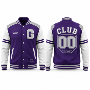 เสื้อแจ็คเก็ตวาร์ซิตี้สีม่วงสำหรับผู้ชาย สไตล์พรีปปี้ ปักตัวอักษร G คลับ 00 ดีไซน์ด้านหน้าและด้านหลัง ปกเสื้อพับได้ ทรงปกติ - Product Image 1