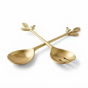 Modern Matte Gold Stainless Steel Salad Servers Sleek <b>Flared</b> End Handle Minimalist Salad Tossing Spoon Fork Set Salad Server - Product Image 4