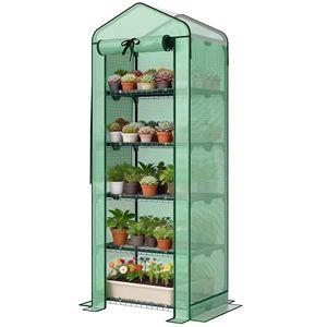 Serra Portatile a 5 Livelli con Copertura in PE ad Alta Resistenza e Tetto a Rete, Stile Tradizionale con Telaio in Legno e Metallo, Materiale PVC - Product Image 1