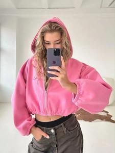Sudadera Corta con Capucha Extra Grande para Mujer, Color Gris Sólido, Hombros Caídos, Manga Larga, Tejido Transpirable, Ropa Casual de Otoño - Product Image 3