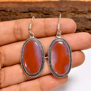 Boucles d'oreilles pendantes en agate rouge ovale, argent sterling 925, style bohème, bijoux faits à la main, cadeau pour femme - Product Image 1