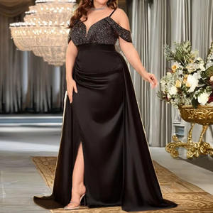 חרוזים לנשים עיצוב סופר פלוס עיצוב כתף עם צווארון V חלק תחתון מפוצל סאטן שמלת ערב פורמלית שמלות כלה - Product Image 5