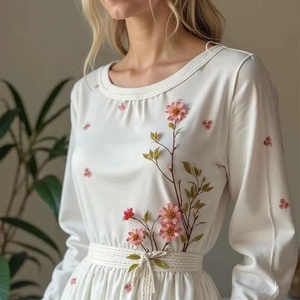 Floral Embroidered <b>Boho</b> <b>Dress</b> Nature-Inspired Floral Embroidery <b>Long</b> Sleeves Soft Breathable Linen Ethereal White Gown - Product Image 1