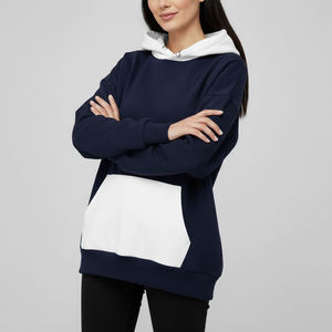 Sudadera con Capucha Oversize para Mujer a Precio Económico, Color Azul Marino y Blanco con Bloques de Color, Estampado de Llama, Manga Larga, Ropa Casual de Otoño - Product Image 3