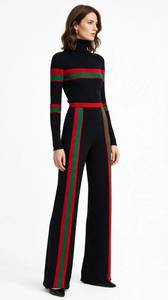 Conjunto de Dos Piezas de Punto 100% Algodón para Mujer, Top de Cuello Alto y Pantalones Anchos con Rayas Rojas y Verdes, Antiarrugas, Corte Holgado - Product Image 2