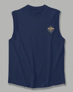 Men's Summer Navy Sleeveless Tank Top Compass Mountain Print O-Neck Cotton Casual Breathable Knitted Back Design Sports Gym - Product Image 2