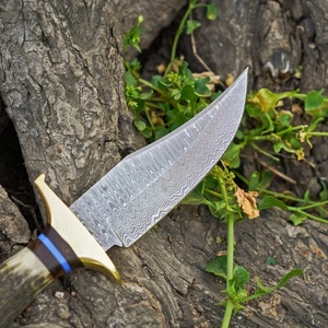 Cuchillo de caza A&M Enterprises de acero de Damasco con punta caída, mango de asta de ciervo, funda de cuero para exteriores, utilitario, Skinner - Product Image 2