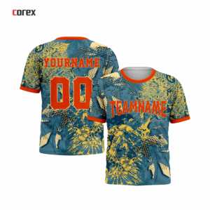 T-shirt de sport pour homme Corex, imprimé par sublimation, manches courtes, col rond, séchage rapide, coupe classique, motif bleu et jaune - Product Image 3
