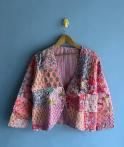 Veste matelassée rose patchwork avec broderie florale, manches trois quarts, manteau de printemps pour femme, cadeau pour elle - Product Image 1