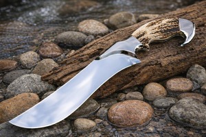 Couteau de chasse en acier inoxydable à pointe tombante, lame droite avec manche et traverses en bois de cerf courbé - Product Image 2