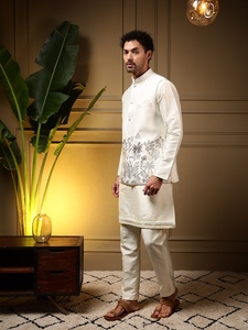 <b>Men</b> White Silk Koti <b>Kurta</b> Pajama Set With Embroidery Regular Fit Traditional Indian Pakistani Knee-Length Wedding Wear - Product Image 2