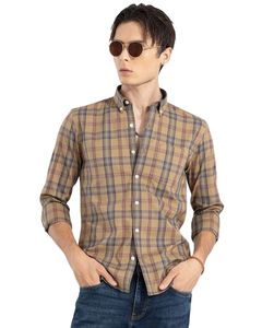 Camisa a cuadros de algodón para hombre, color marrón camel y azul, manga larga, con botones, estilo casual, corte personalizado de fábrica OEM. - Product Image 1