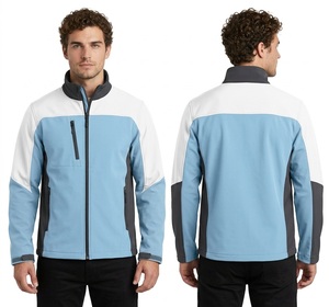 Chaqueta Softshell Personalizada para Hombre en Poliéster y Nailon Azul Claro con Mangas en Contraste Blanco y Cuello Alto para Uso Casual y Deportivo - Product Image 1