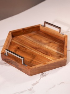 Plateau de service en bois pour thé et café avec poignées métalliques, forme hexagonale, plateau de service pour desserts et dattes, à vendre - Product Image 1