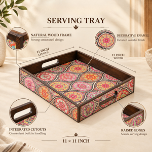Vibrante Bandeja de Servir de Madera con Mandala |   Bandeja Cuadrada Decorativa de Esmalte con Asas Recortadas y Bordes Elevados, Multifuncional para Bodas y Cenas - Product Image 5