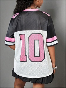 Camiseta de Fútbol Oversize de Malla para Mujer, Cuello en V, Manga Corta, Rosa, Negro, Blanco, Número 10, Estampado de Estrellas, Ajuste Holgado, Estilo Primavera Verano - Product Image 3
