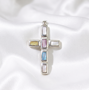 Pendentif Croix en Nacre Naturelle et Argent Sterling 925, 2 1/2 pouces de long, Style Vintage, Certifié IGI, Bijou Cadeau - Product Image 5
