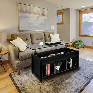 Table basse moderne avec plateau relevable et compartiment caché, mobilier noir et tablette relevable - Product Image 2