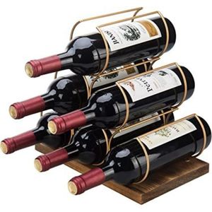 Modern Metal Gold <b>Wine</b> <b>Rack</b> with Wood Base 6 Bottle Countertop Display Holder Stand for Home Kitchen Decor Bar Storage Shelf - Product Image 1