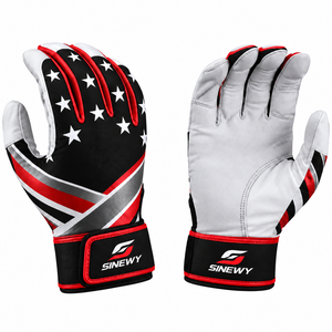 Gants de frappe de baseball SINEWY, noir, blanc, rouge, en cuir, à doigts entiers, fermeture auto-agrippante, ambidextres, pour entraînement adulte - Product Image 1