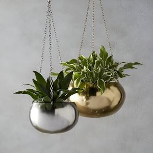 Modern Shiny Gold Metal <b>Hanging</b> Planter Luxury Round Iron Flower Pot Holder With Chain For <b>Indoor</b> Home Hotel Wedding Decor Bulk - Product Image 1